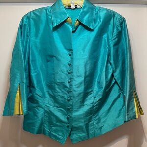 Teal Button-Up blouse with cute lime green Accents